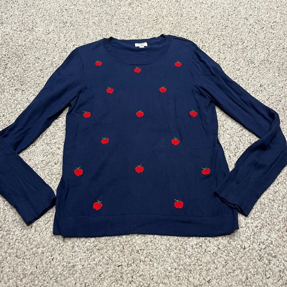 J Crew Apples Teddie Sweater L Navy Classic Preppy Cotton Casual Teacher